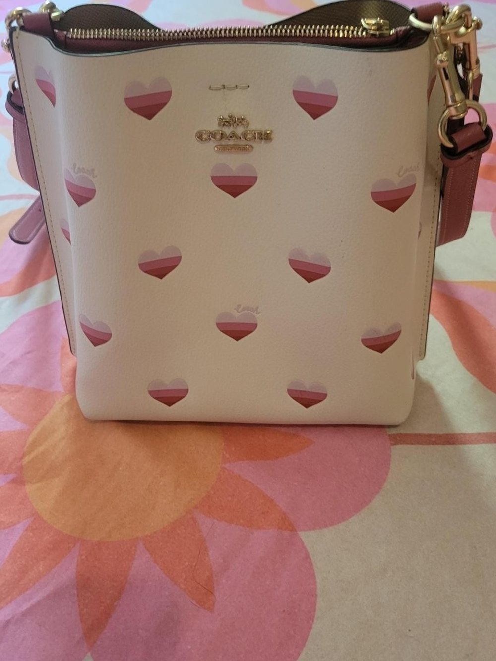 Coach Pink Heart-Print Leather Crossbody Bag